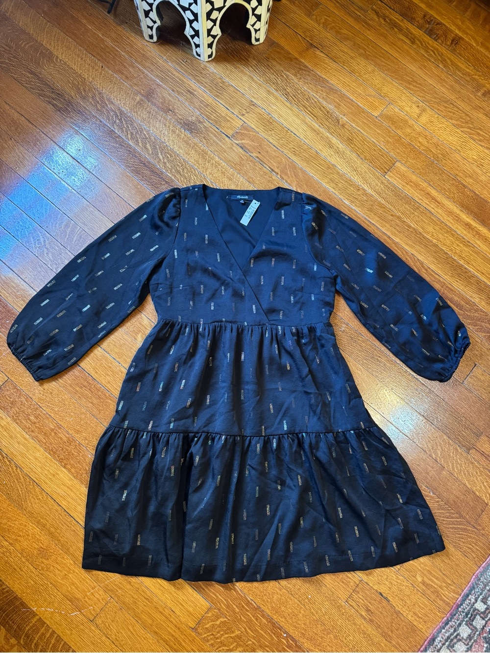 Madewell Black Dress with Subtle Gold Metallic Dashes